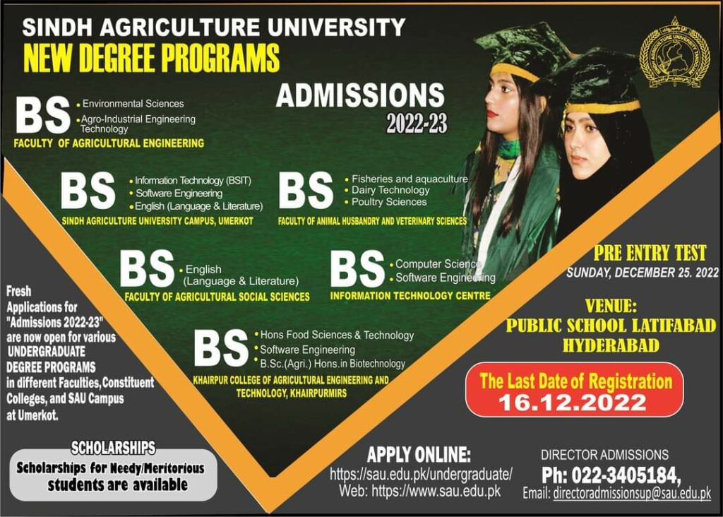 Sindh Agriculture University- New Degree Program Adimissions 2022-23