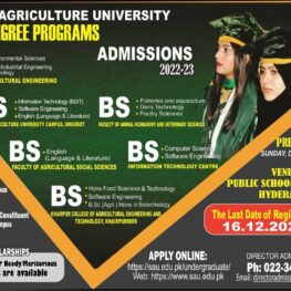 Sindh Agriculture University- New Degree Program Adimissions 2022-23