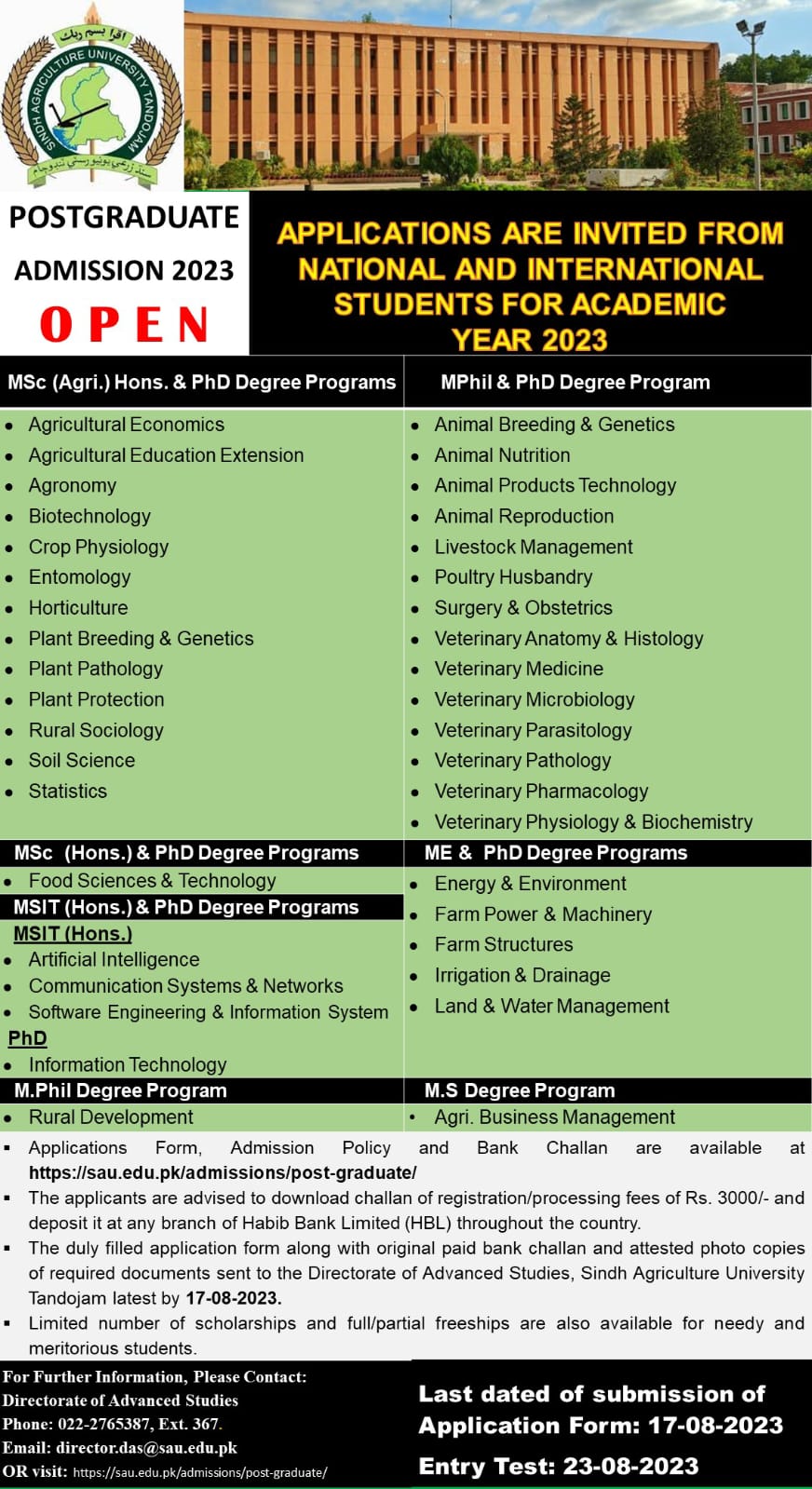 Post-graduate | Sindh Agriculture University, Tandojam